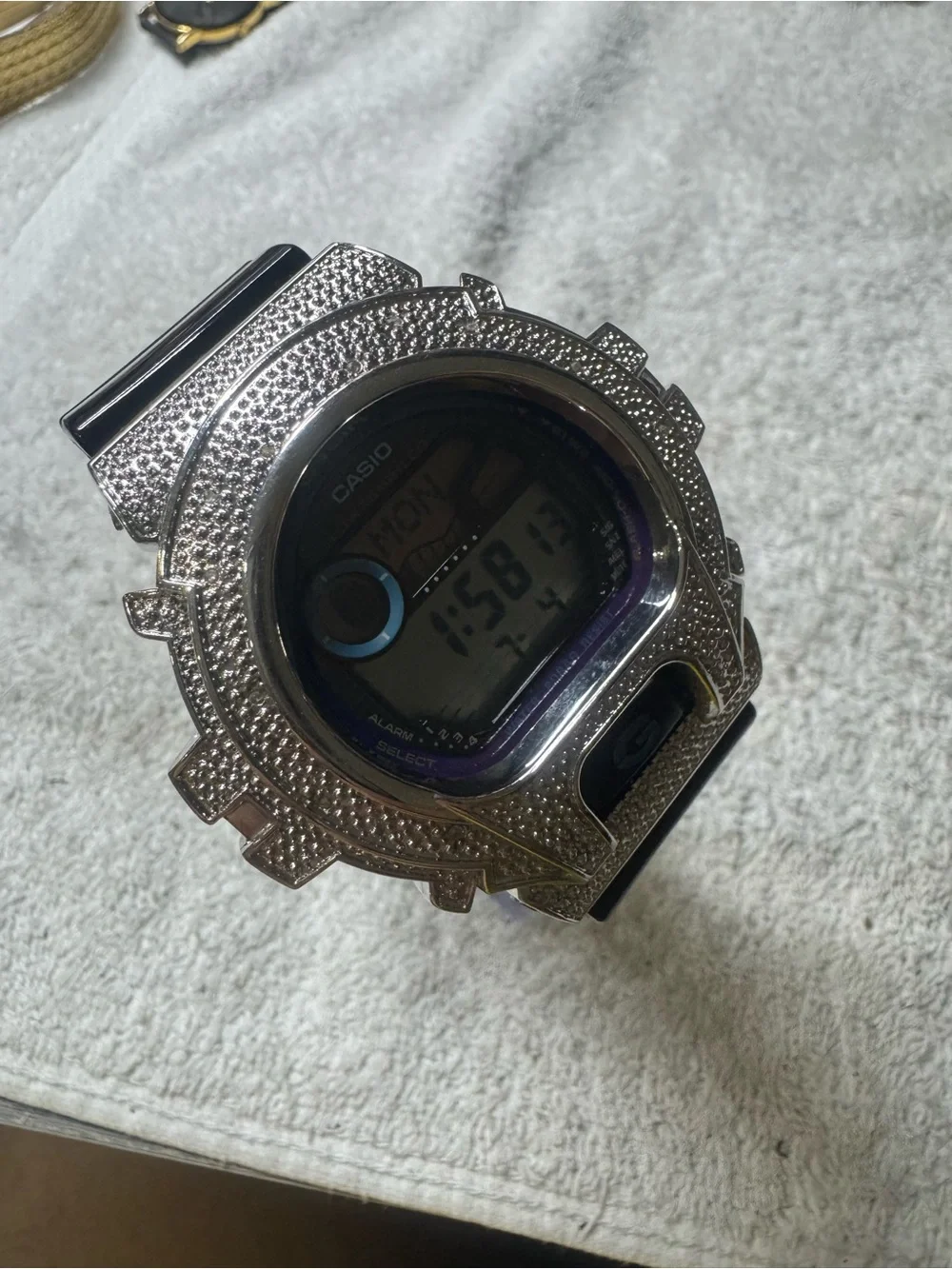 Casio Digital Watch with Silver Pavé Bezel and Black Strap